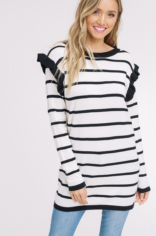 Ruffle Striped Tunic Top Oatmeal - Athens Georgia Women's Fashion Boutique