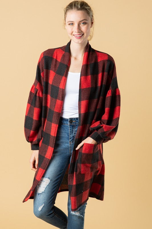Checker Plaid Print Knit Pocket Cardigan Red - Southern Fashion Boutique  Bliss