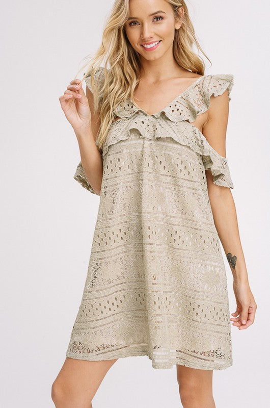 Lace Crochet Cold Shoulder Ruffle Shift Dress Olive - Athens Georgia Women's Fashion Boutique