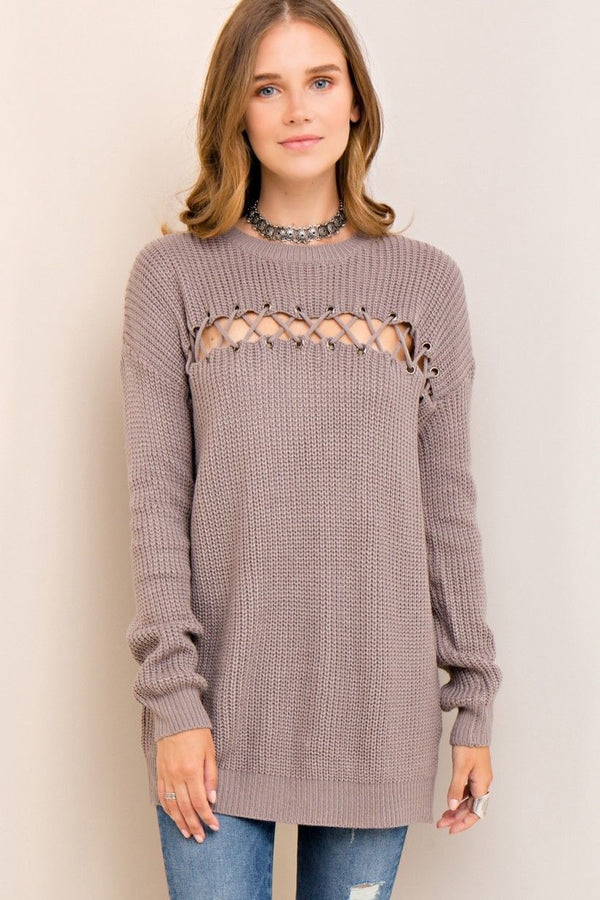 Scoop Neck Top Eyelet Detail at Bust Grey - Athens Georgia Women's Fashion Boutique