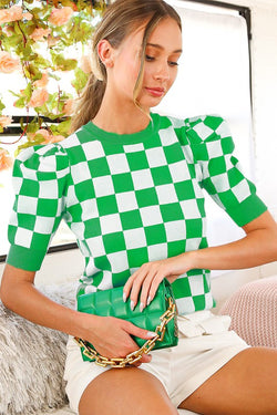 Checker Board Print Knit Top Green