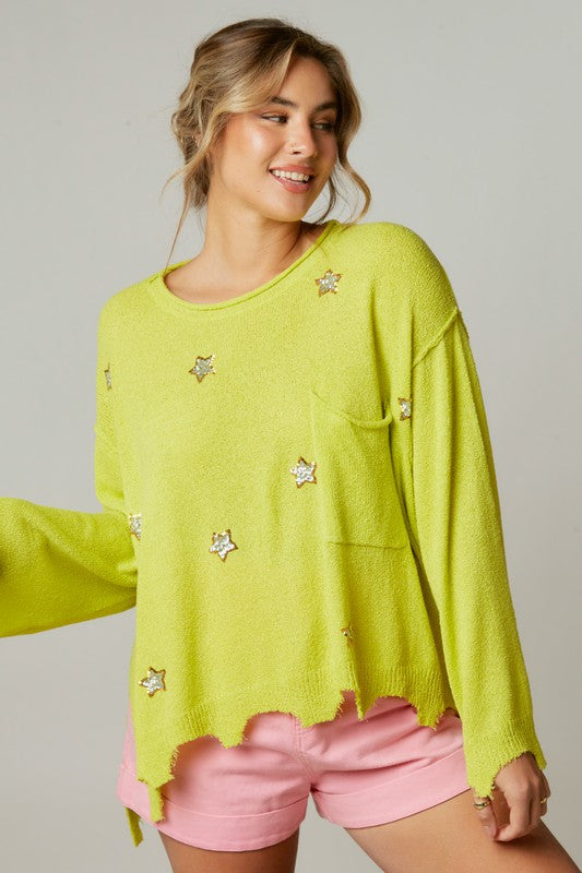 Starry Frayed Sweater Lime Green