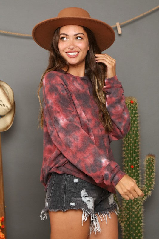 Tie Dye French Terry Knit Top Black/Burgundy