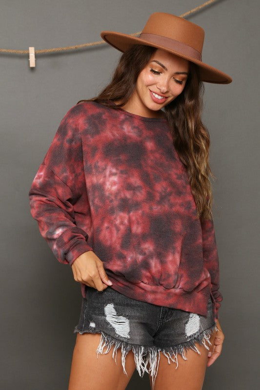 Tie Dye French Terry Knit Top Black/Burgundy