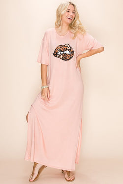 Leopard Print Lip Bite T shirt Maxi Dress Pink