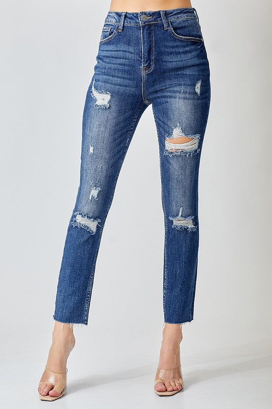 High Rise Distressed Relaxed Skinny Jeans Dark