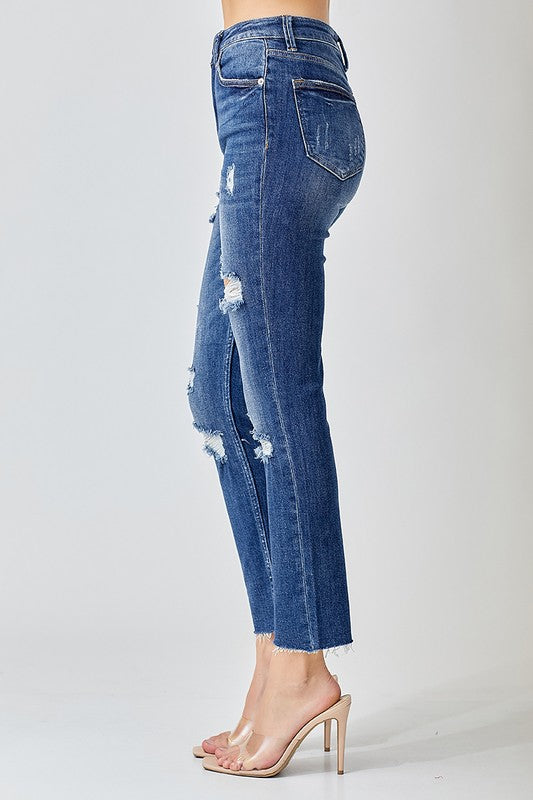 High Rise Distressed Relaxed Skinny Jeans Dark