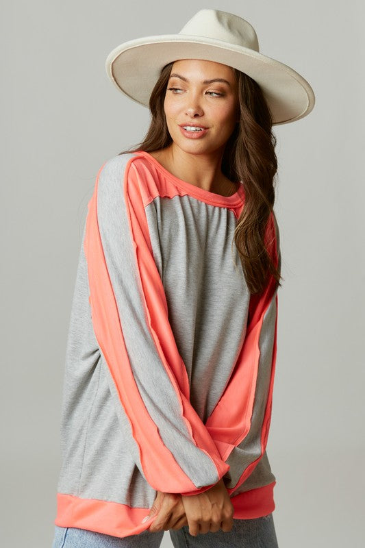 French Terry Color Block Knit Top Grey/Pink
