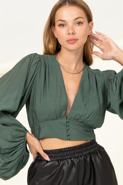 Button Front Crop Top Teal Green