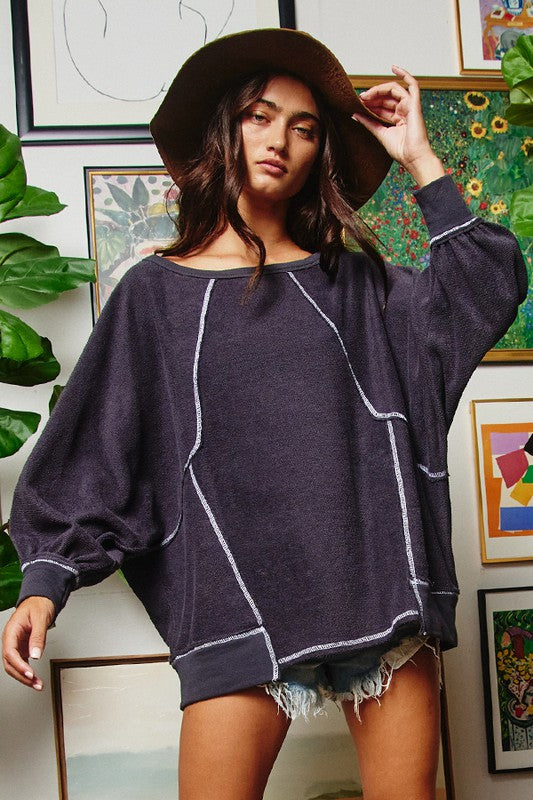 Reverse Stitch Dolman Sleeves Top Charcoal