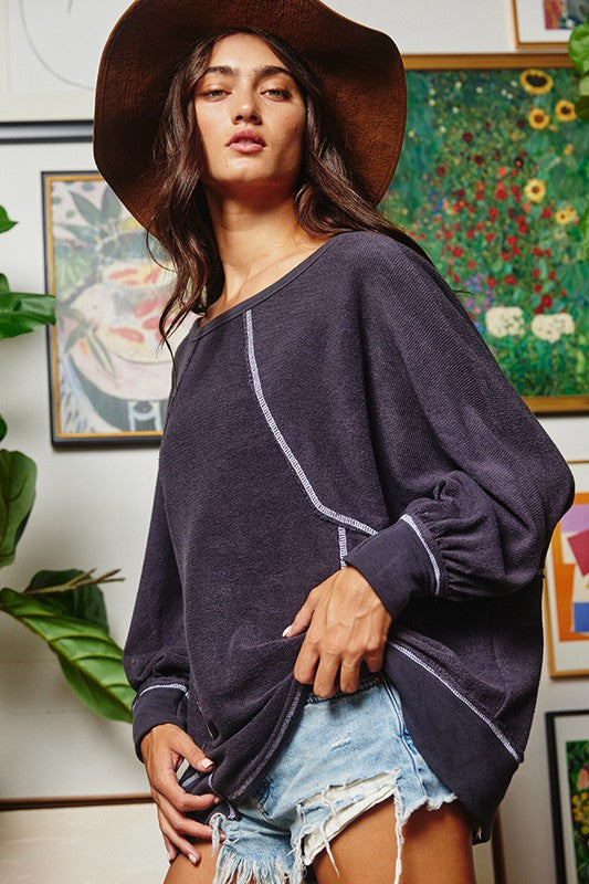 Reverse Stitch Dolman Sleeves Top Charcoal