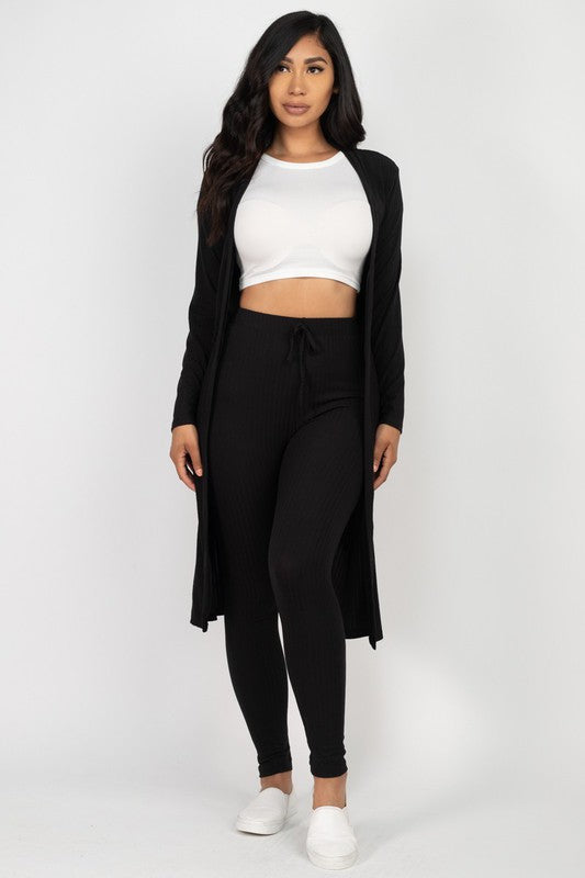 Ribbed Cardigan & Leggings Set Black