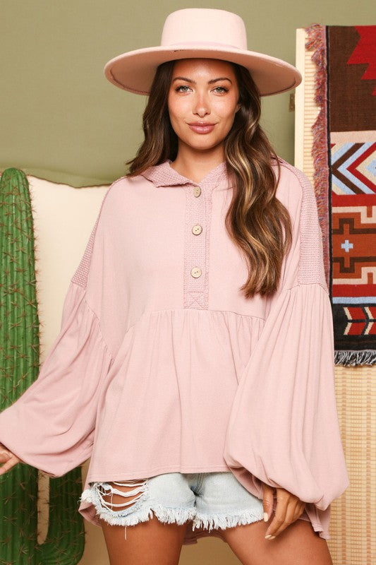 Washed Contrast Babydoll Top Mauve