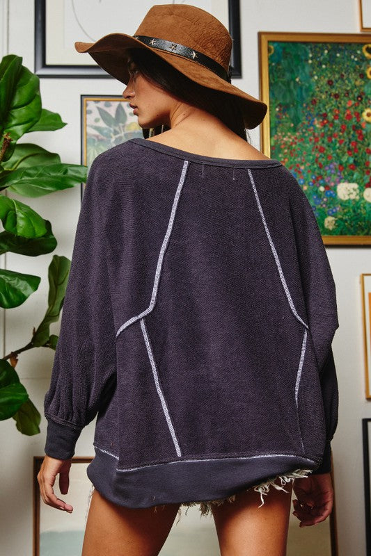 Reverse Stitch Dolman Sleeves Top Charcoal