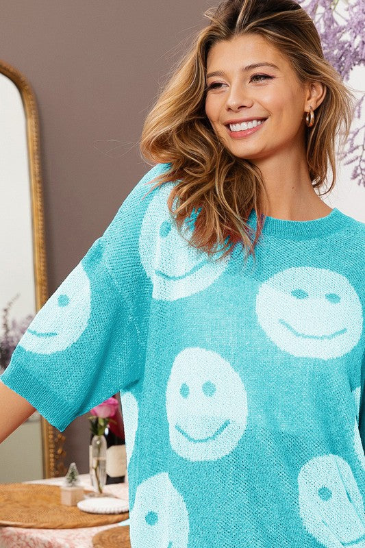 Smiley Pattern Lightweight Sweater Top Turquoise