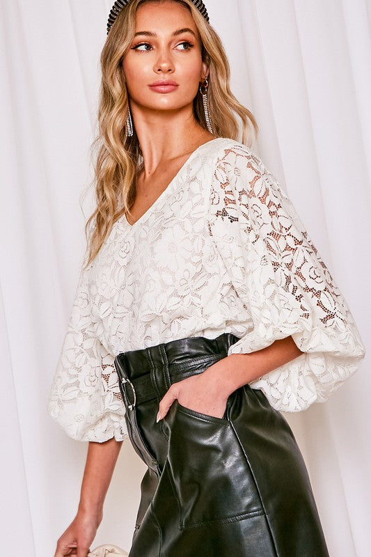 Lace Balloon Sleeves Top Off White