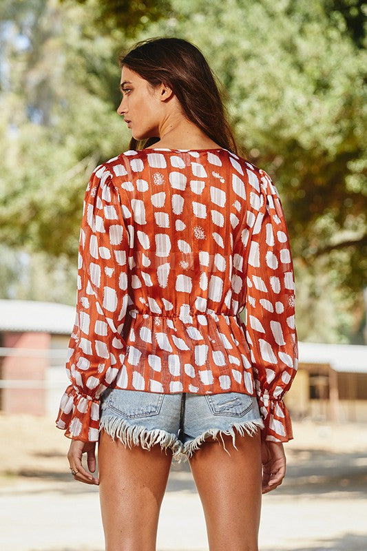 Spotty Check Sheer Flowy Top Rust/White