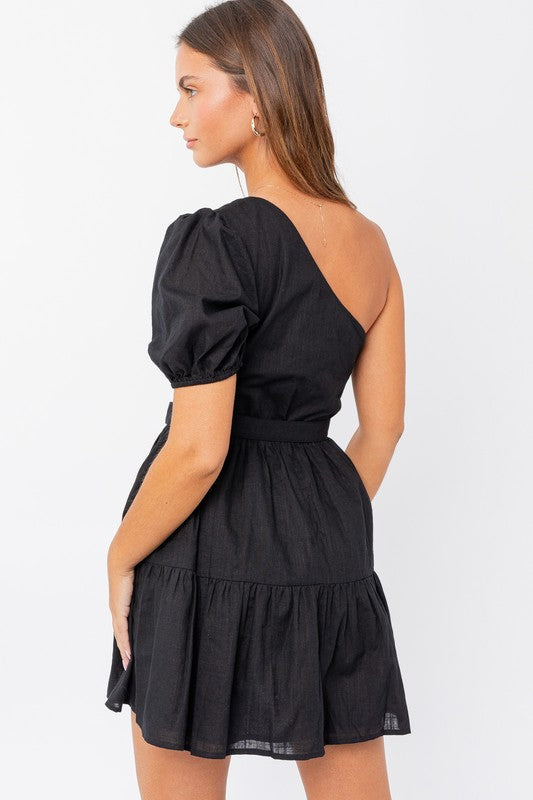 One Shoulder Short Sleeve Tiered Dress Black