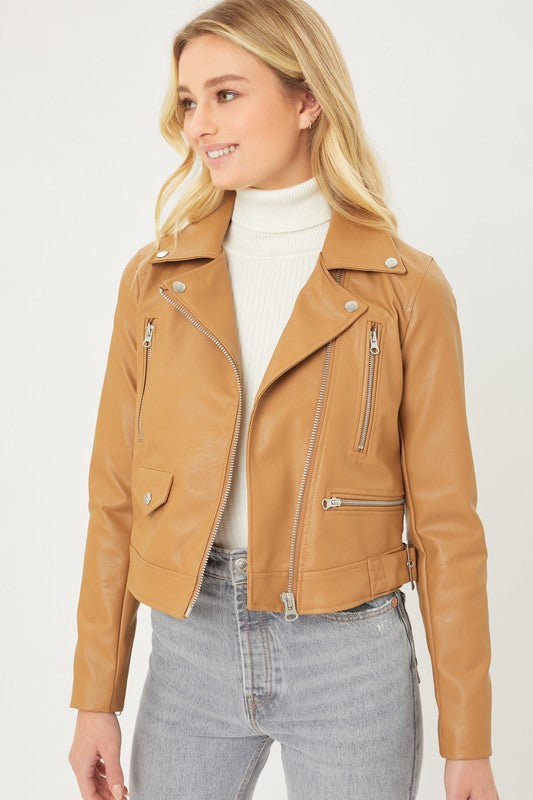 Faux Leather Biker Jacket Camel