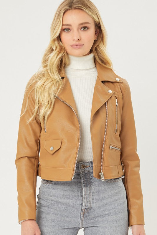 Faux Leather Biker Jacket Camel