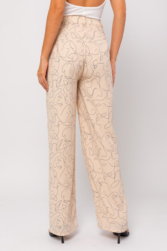 Straight Fit Pants Cream Black Abstract