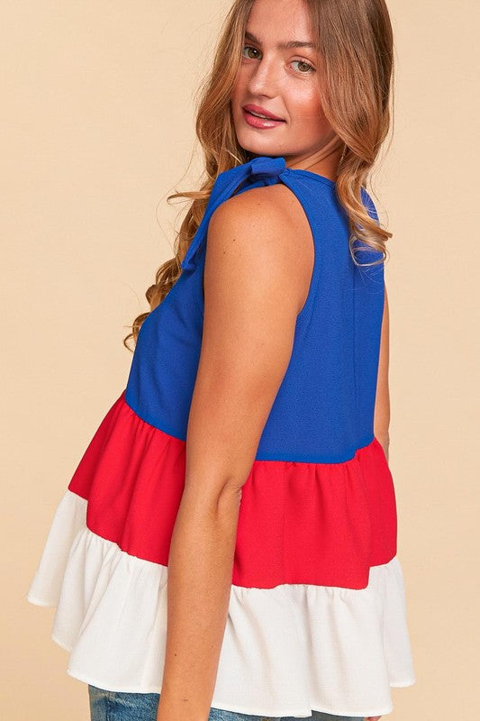 Patriotic Color Block Sleeveless Top Blue/Red