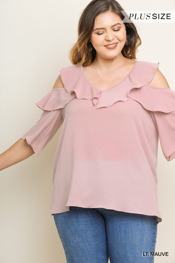 open shoulder ruffle top