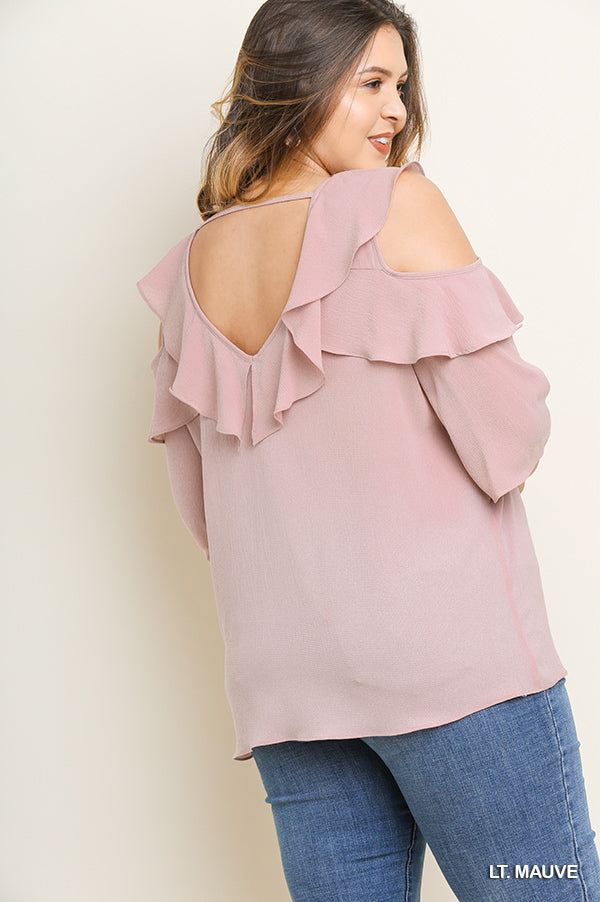 Solid Open Shoulder Ruffle V-Neck Top Mauve - Southern
