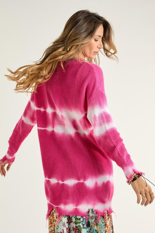 Tie Dye Round Neck Sweater Hot Pink