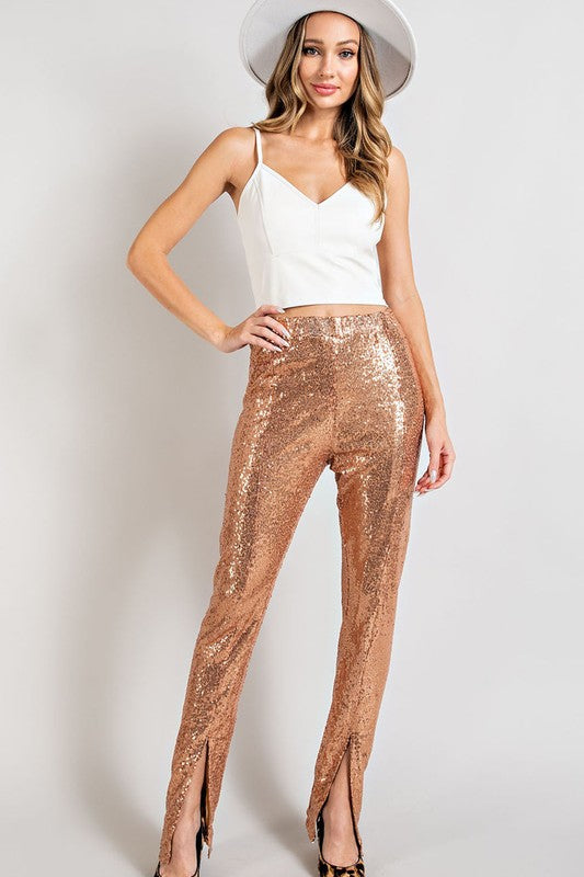 Sequin High Waisted Slit Pants Rose Gold - Southern Fashion