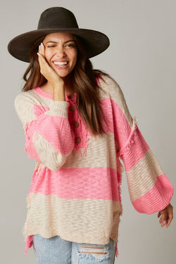 Stripe Frayed Knit Henley Top Pink/Cream