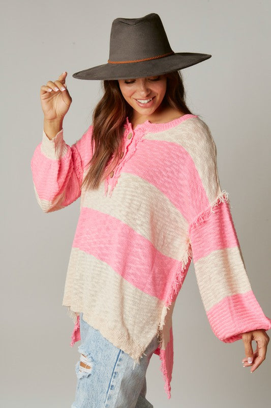 Stripe Frayed Knit Henley Top Pink/Cream