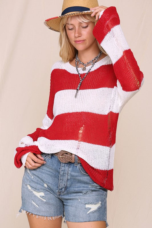 Oversize Distressed Striped Sweater Red