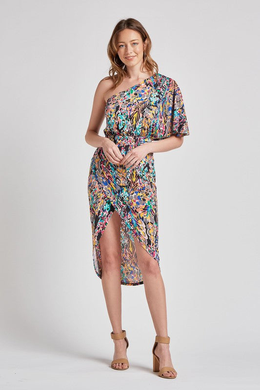 Floral One Shoulder Dress Black