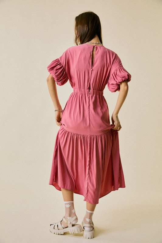 Solid V-Neck Button Down Midi Dress Blush