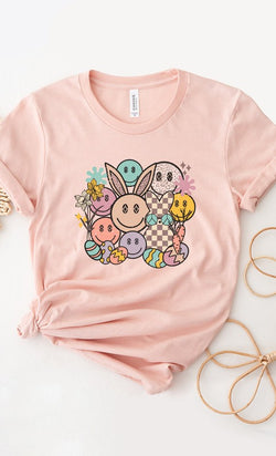 Floral Easter Smiley Egg Graphic Tee Peach