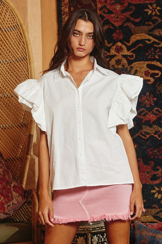 Tiered Ruffle Sleeve Solid Shirt Blouse Ivory