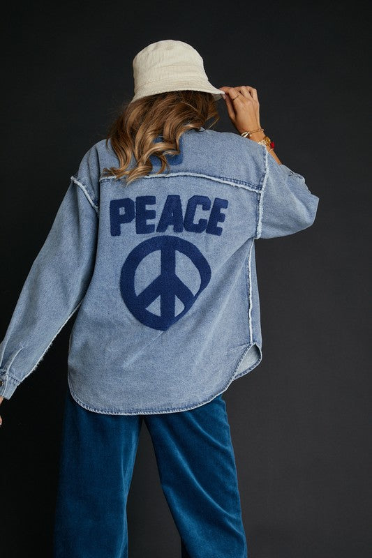 Peace Embroidery Back Shacket Denim