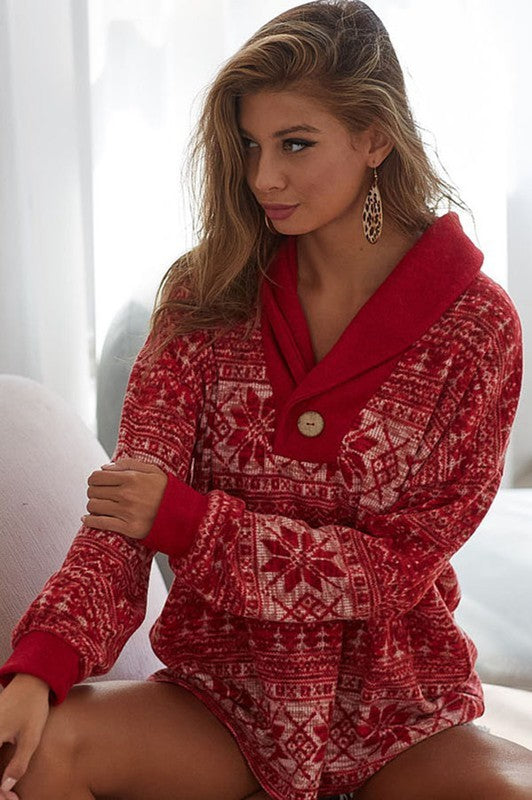 Button Collared Holiday Geo Print Pullover Red