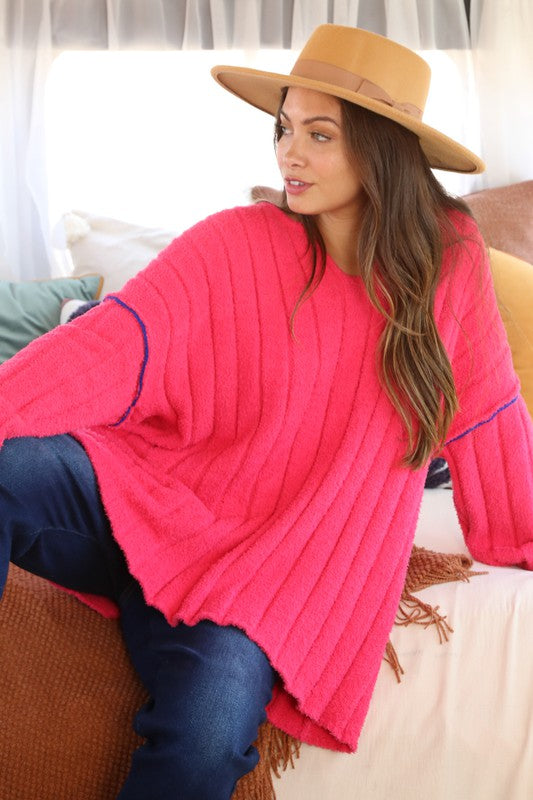 Ribbed Knit Contrast Seam Sweater Fuchsia