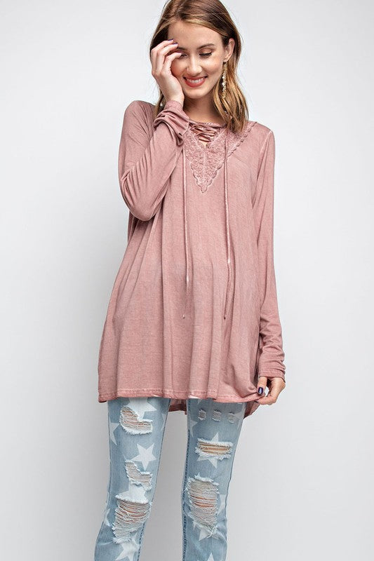 Lace Up Washed Tunic Top Mauve