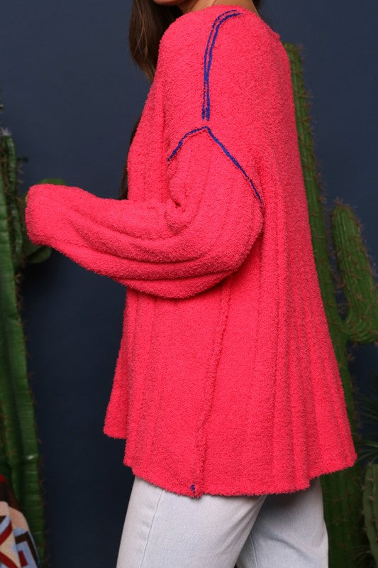 Ribbed Knit Contrast Seam Sweater Fuchsia