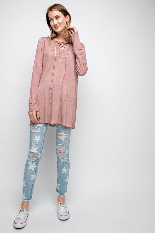 Lace Up Washed Tunic Top Mauve