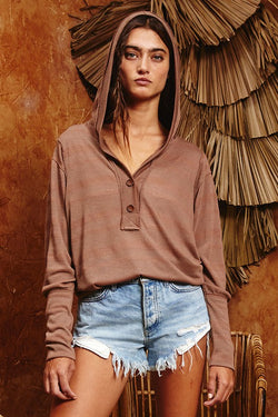 Stripe Button Up Hooded Top Brown