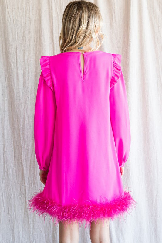 Fur Detail Hem Dress Hot Pink