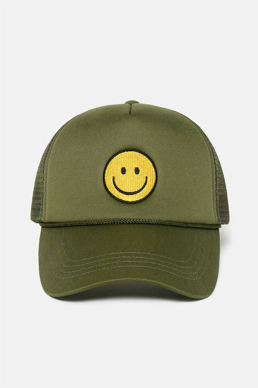 Smiley Embroidered Trucker Cap Olive
