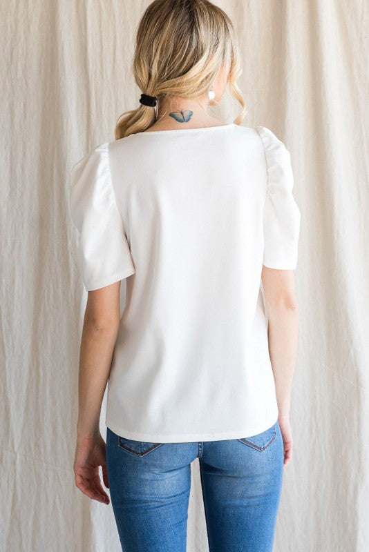 Solid Puff Sleeve Sweetheart Top Off White