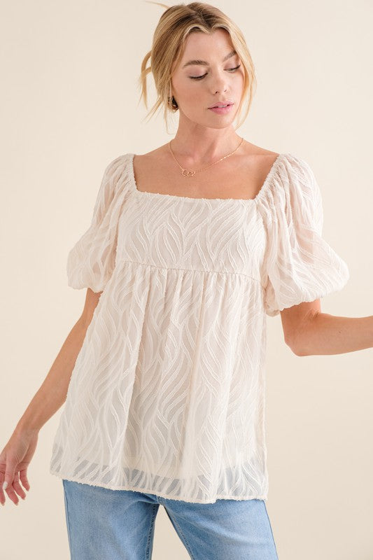Wavy Leaves Textured Square Neck Top Ivory