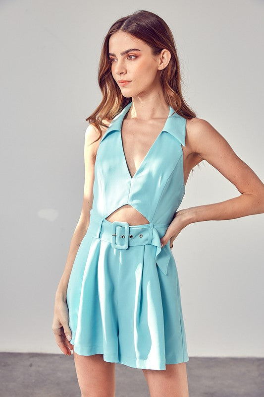 Collared Front Slit Buckle Romper Ocean Blue