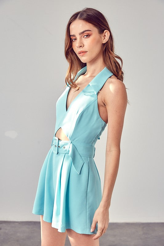 Collared Front Slit Buckle Romper Ocean Blue